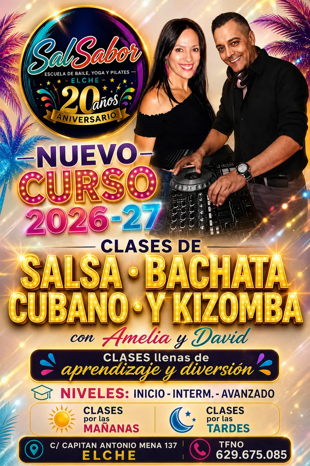 Cartel del curso 2026–27 de salsa, bachata, cubano y kizomba